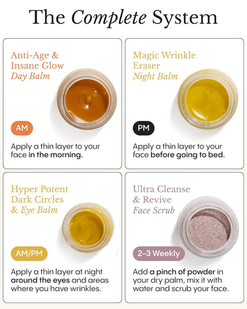 Frøya Organics The Complete System for Mature Women's Skin | 4-Piece Set with Face Scrub, Day and Night Balm & Eye Balm | With Rosehip, Calendula & Sea Buckthorn | 60 Day Supply