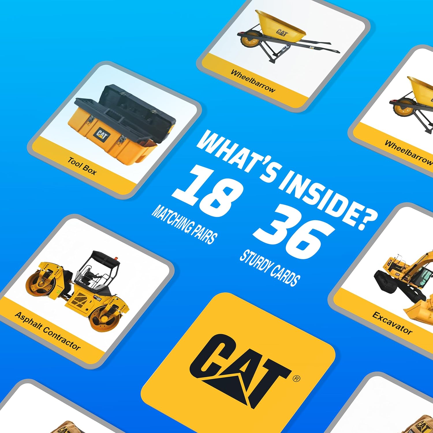 CAT matching game cards showing construction equipment